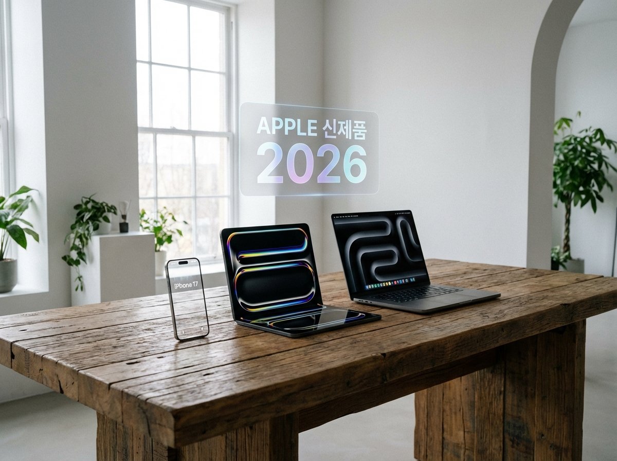 A futuristic and clean aesthetic display of various Apple products like iPhone, iPad, and MacBook on a wooden desk with soft natural lighting, high resolution, 2026 Apple 신제품, 4:3