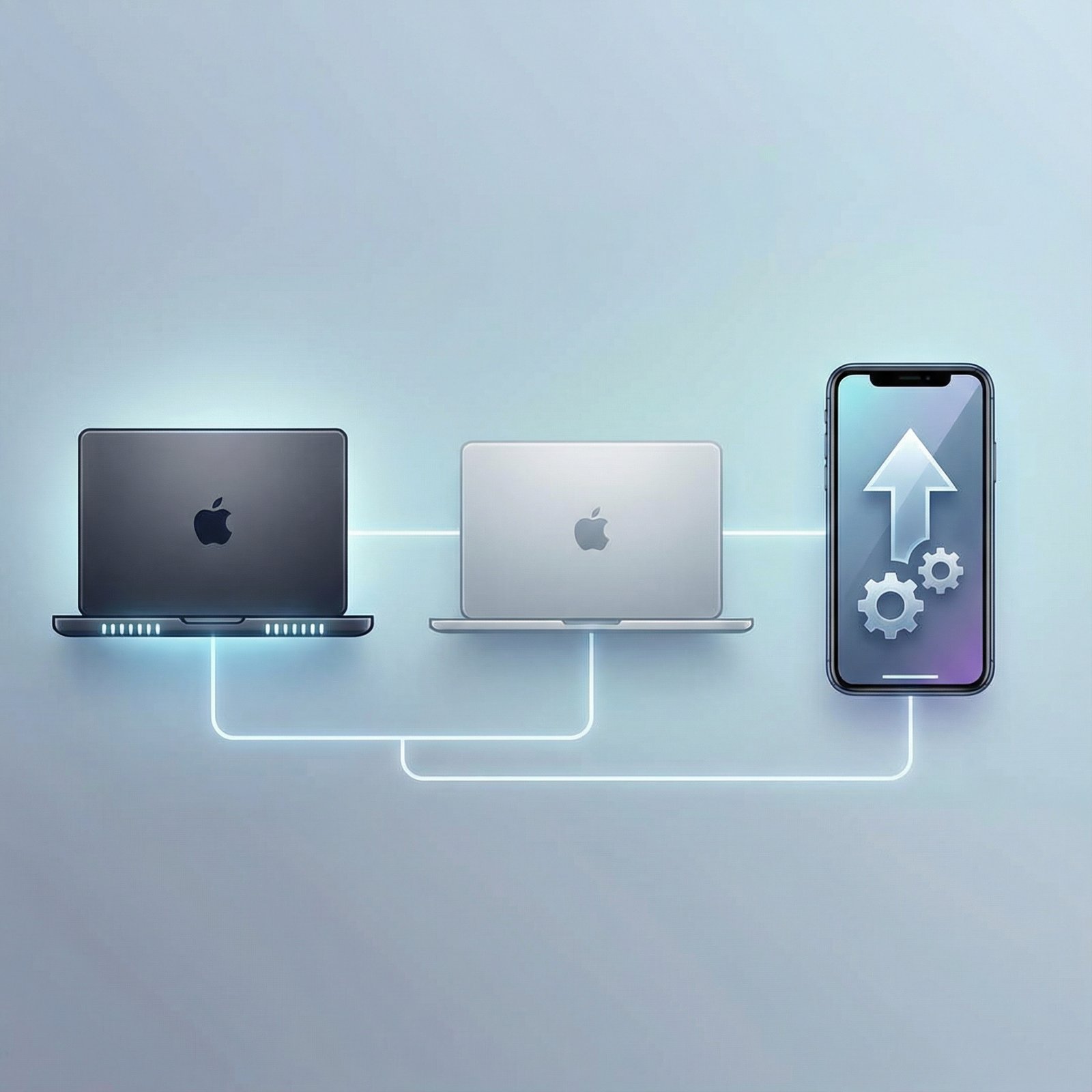 A sleek, modern graphic showing upcoming Apple products for January 2026. Include stylized icons for a MacBook Pro, a lighter MacBook, and an iPhone with a software update icon. The background should be a gradient of light blues and grays, with a clean, informational infographic style. No visible text. 1:1 aspect ratio.