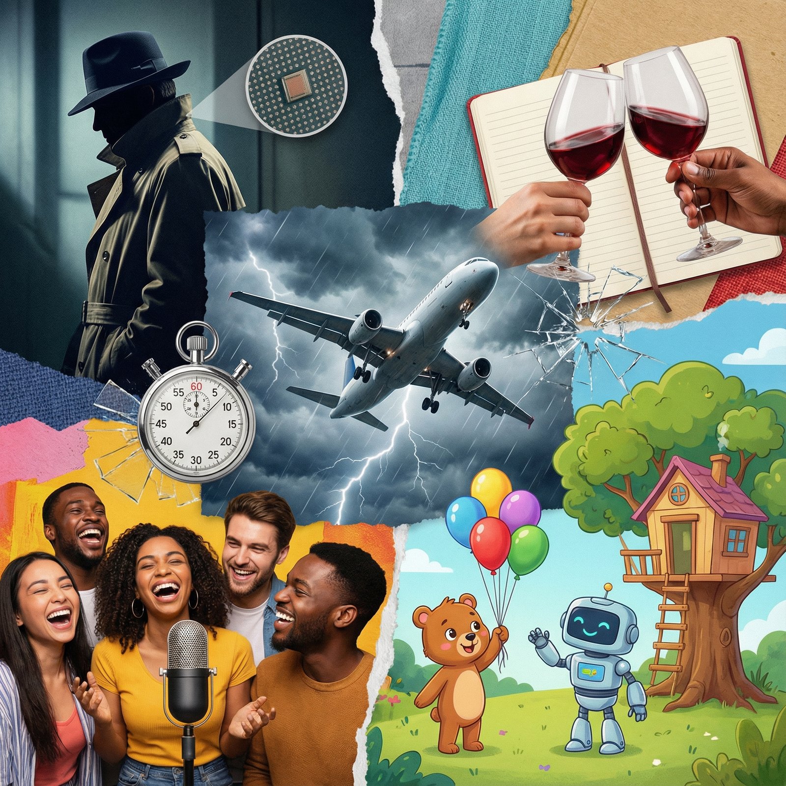 A vibrant collage representing various TV show genres for Apple TV's January 2026 releases: espionage thriller, general thriller, drama, comedy, and kids & family. The image should feature elements hinting at each genre, like a spy silhouette, a plane in distress, a wine glass, people laughing, and friendly animated characters. No visible text, 1:1 aspect ratio, bright and balanced lighting, textured background, full frame.