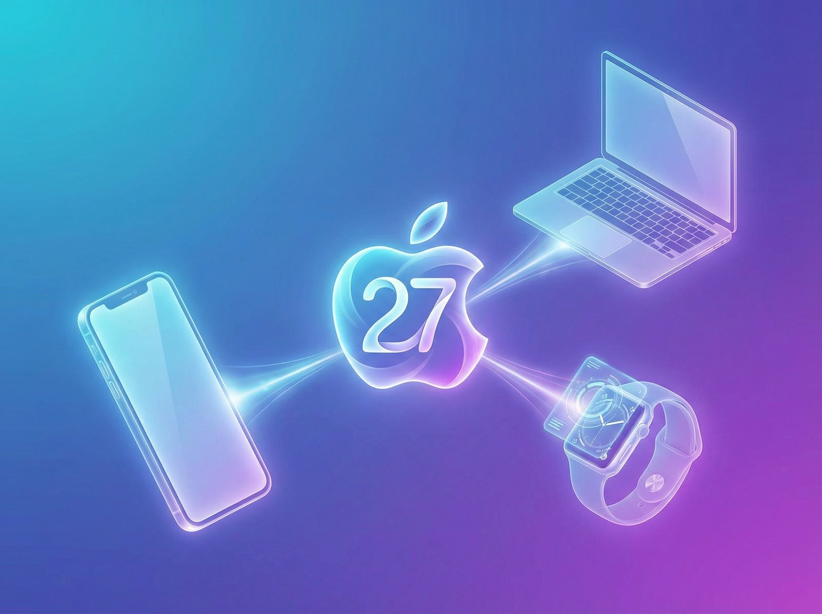 A futuristic and sleek infographic showing Apple products like iPhone, Mac, Apple Watch with a conceptual iOS 27 icon. The background is a gradient of blue and purple. Aspect ratio 4:3, no visible text.