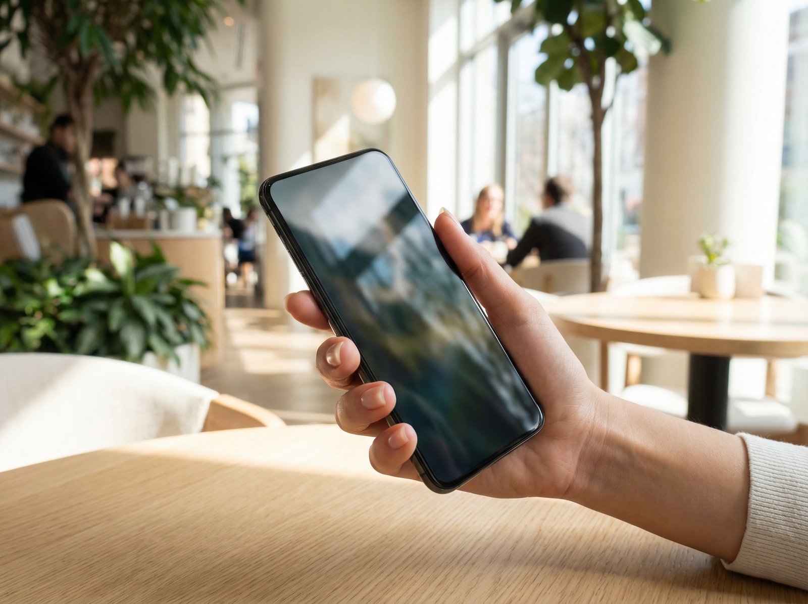 A person holding a sleek bezel-less smartphone in a bright modern cafe, the screen is edge-to-edge with no black borders, natural lighting, premium lifestyle vibe, 4:3 aspect ratio, no visible text