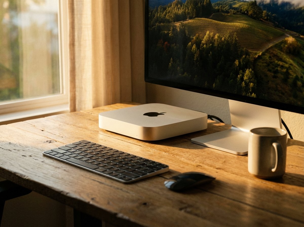 A sleek and modern Mac mini M4 sitting on a clean wooden desk with a minimalist setup, warm natural lighting from a window, cinematic photography, high detail, 4:3 aspect ratio, no visible text