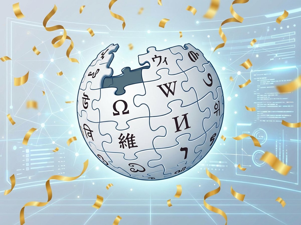 A celebratory illustration for Wikipedia's 25th anniversary featuring a stylized globe puzzle made of various language characters, golden confetti, and a modern clean digital interface background, 4:3 aspect ratio, no text