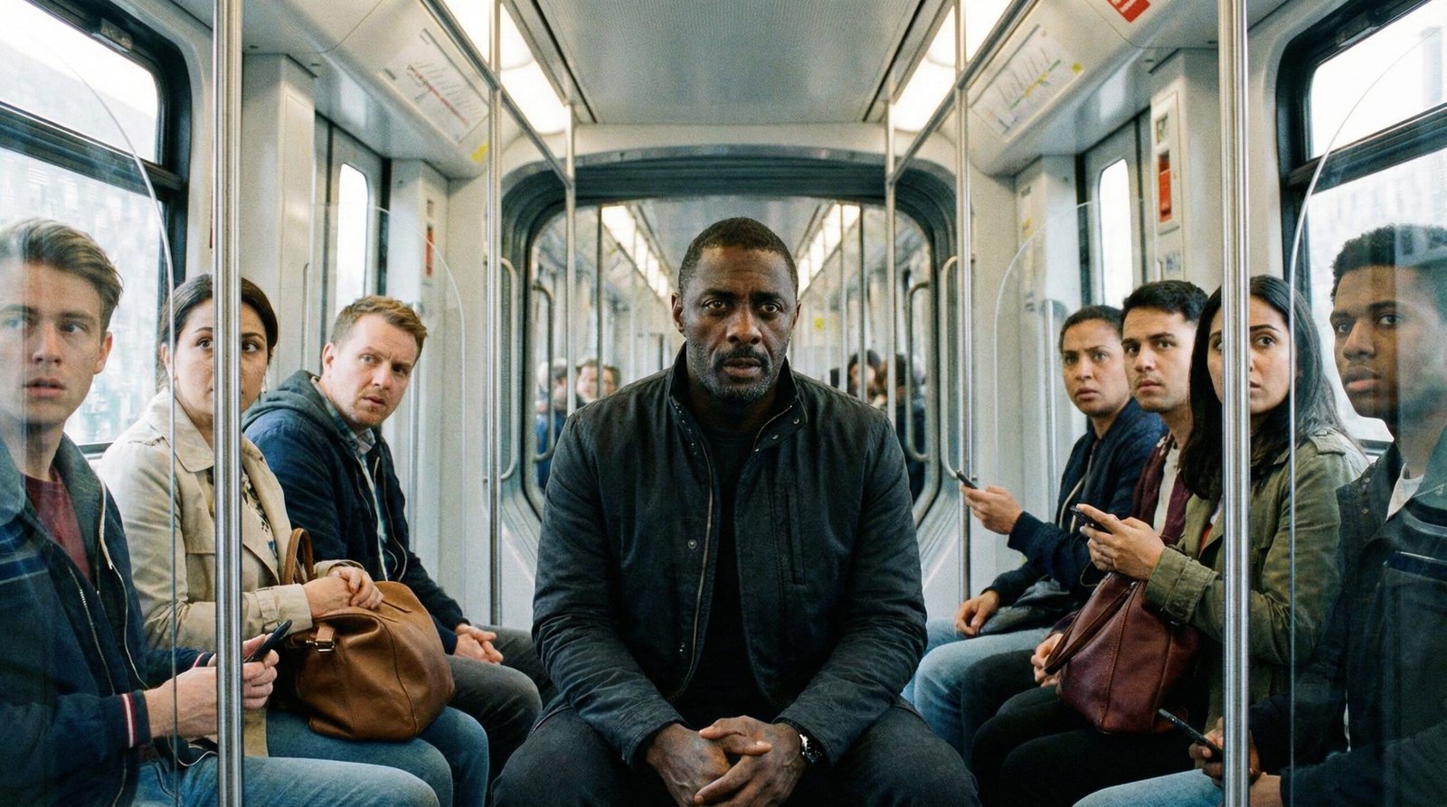 A tense scene inside a modern Berlin subway train, with diverse commuters looking anxious. A central figure, possibly Sam Nelson (portrayed by Idris Elba), is looking intensely. The atmosphere is suspenseful but not overly dark. Natural lighting, 16:9 aspect ratio, no visible text.
