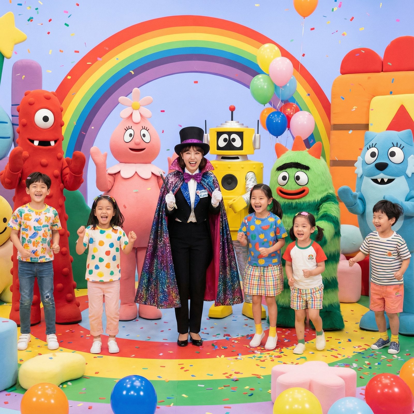 A colorful and energetic scene from a children's show, featuring friendly, cartoon-like characters (Muno, Foofa, Plex, Brobee, Toodee) and a new magician character (Kammy Kam) interacting with happy Korean children. Bright, playful, and fun atmosphere. 1:1 aspect ratio, no visible text.