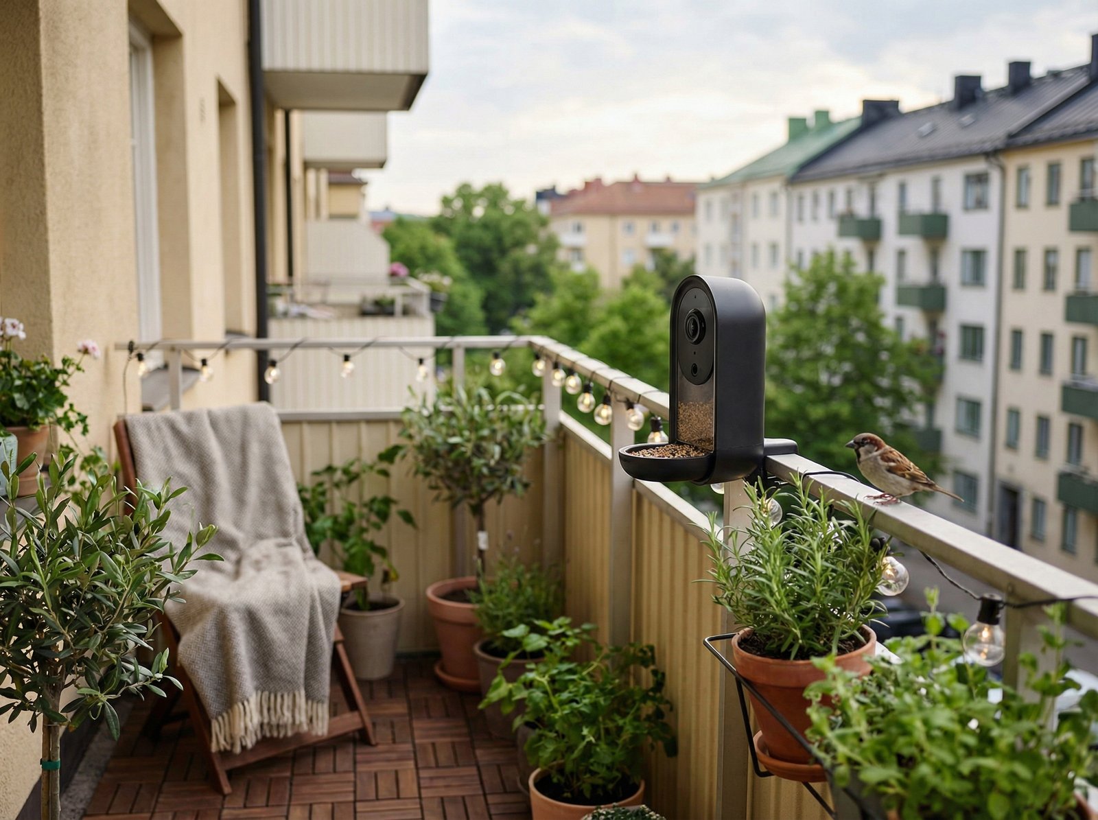 A cozy apartment balcony with a compact smart bird feeder and a small sparrow nearby, urban nature lifestyle, no text, 4:3