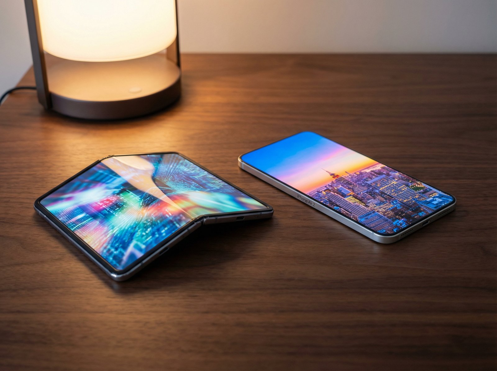 A futuristic foldable iPhone and a super thin iPhone Air 2 placed side by side on a sleek wooden table. The screens are glowing with vibrant colors and high brightness. Modern and professional lighting, 4:3 aspect ratio, no text.