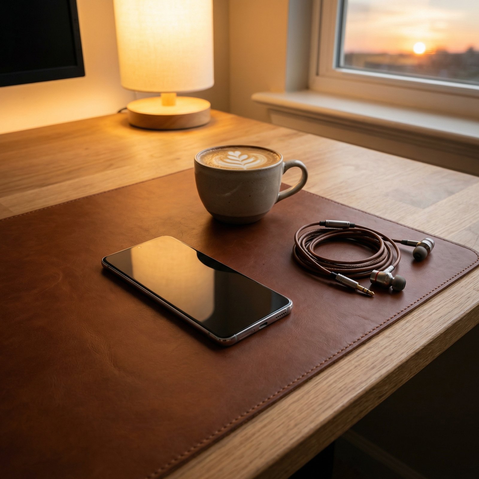 A minimal workspace with a very thin smartphone resting on a high-quality leather desk mat, next to a cup of coffee and a pair of earphones, warm evening lighting, detailed composition, 1:1, no visible text