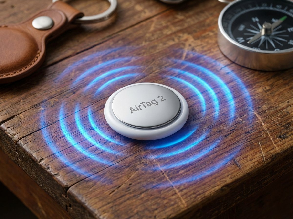 Second generation Apple AirTag 2 on a wooden table with glowing blue signal waves representing Ultra Wideband technology, 4:3