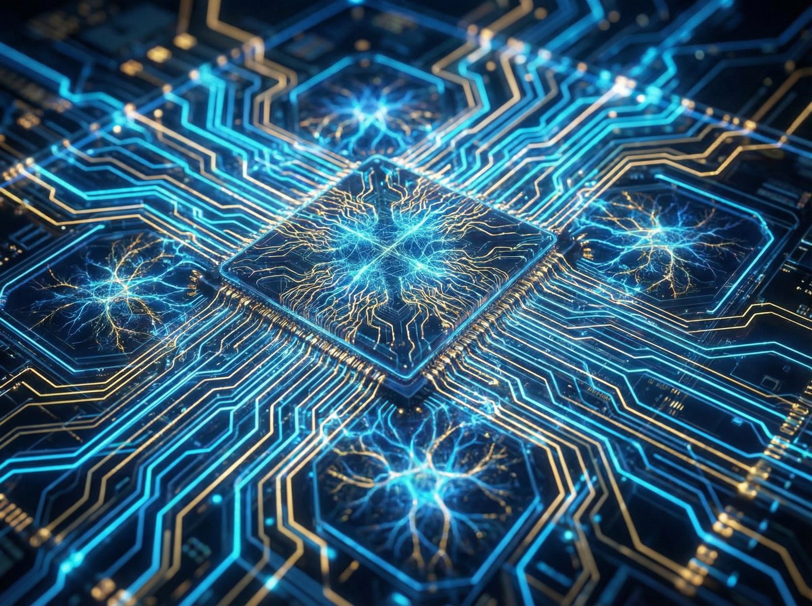 A microscopic view of a highly advanced semiconductor chip glowing with blue and gold electrical energy, representing 2nm technology, tech aesthetic, 4:3 aspect ratio, no text.
