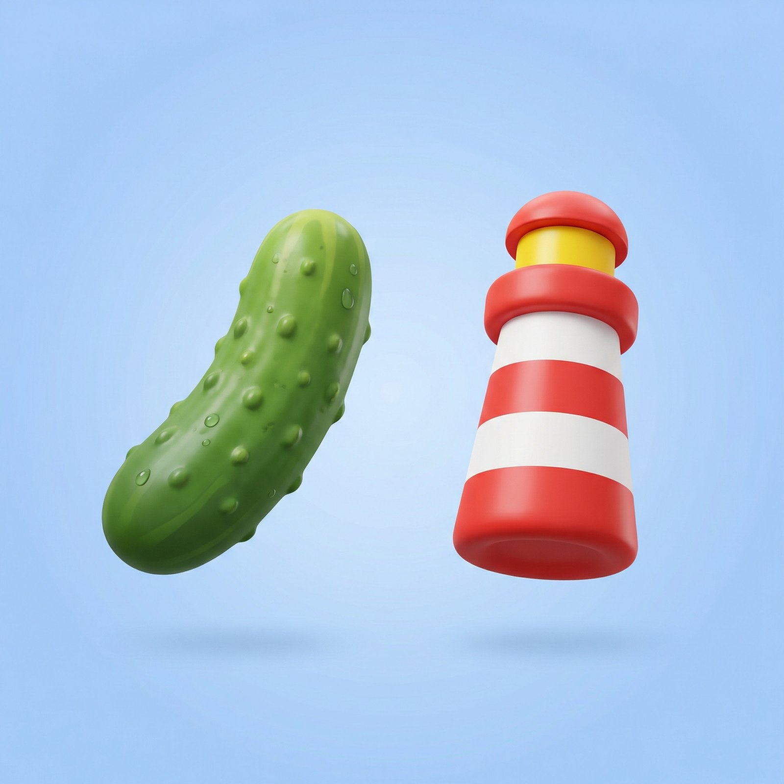 High-quality 3D renders of a green pickled cucumber and a classic red and white lighthouse, Apple emoji style, soft lighting, vibrant colors, centered composition, aspect ratio 1:1, no text
