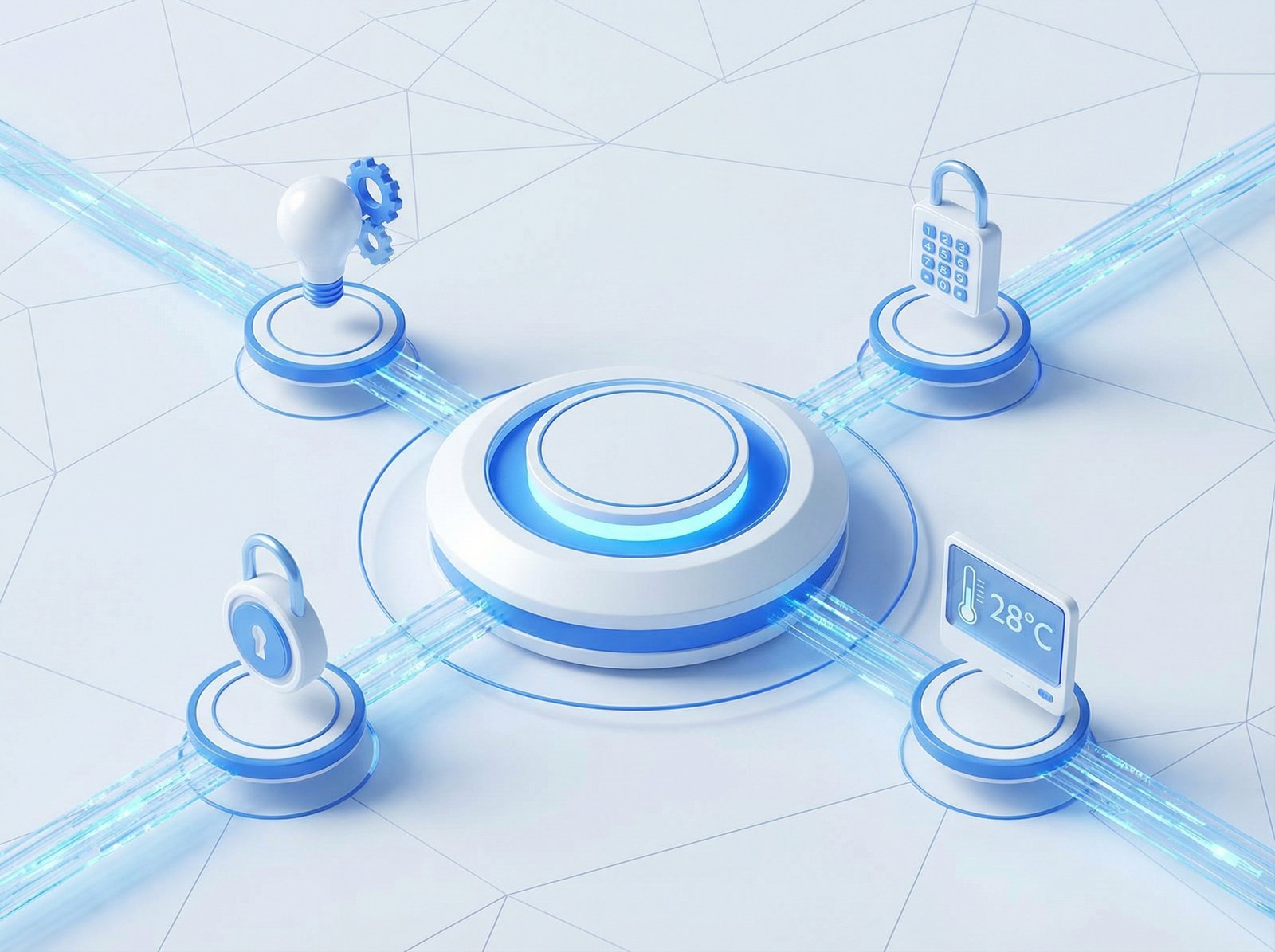 A clean 3D illustration of interconnected smart home icons like light bulbs, locks, and thermostats surrounding a central hub, blue and white professional theme, 4:3, no text