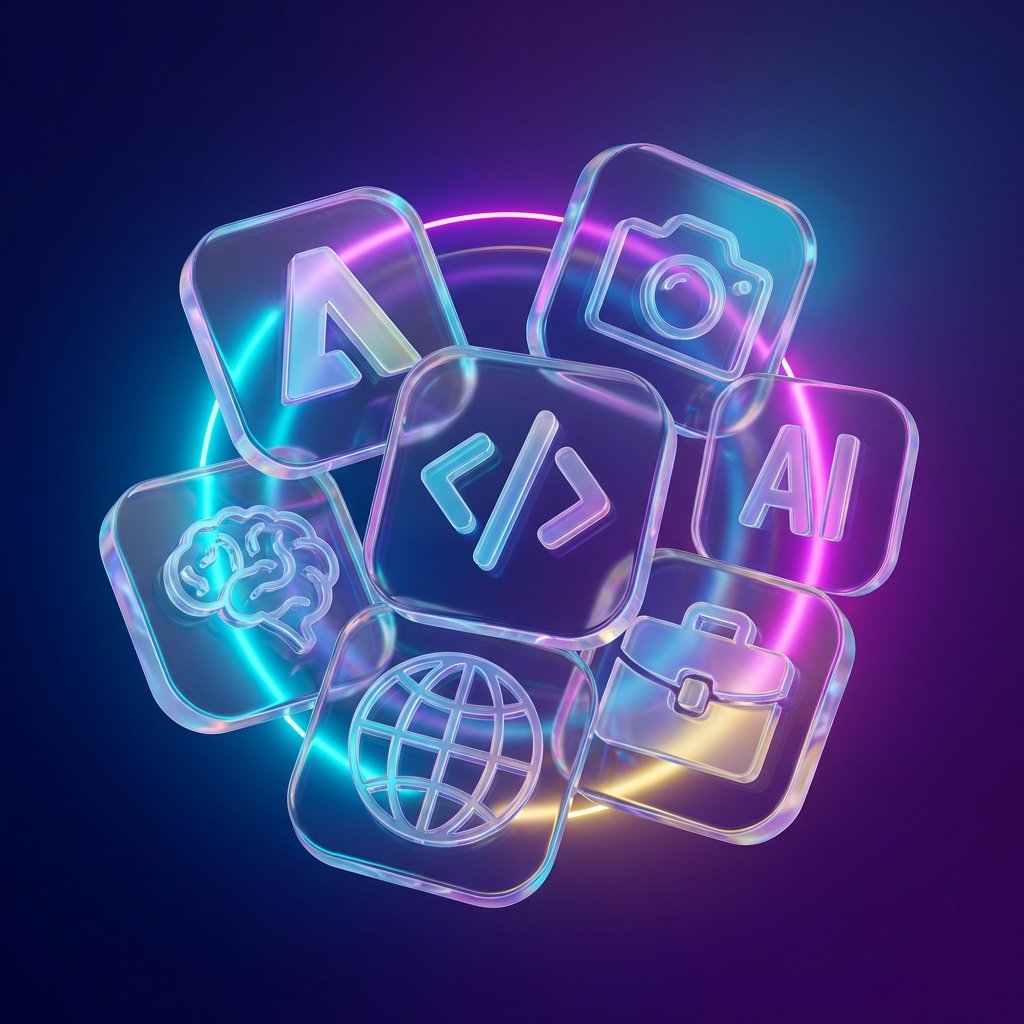 A creative collage of various professional application icons designed in a sleek 3D glassmorphism style. The icons are floating in a dynamic composition against a dark gradient background with vibrant accent lights. Visually rich and modern layout, 1:1 aspect ratio, no text.