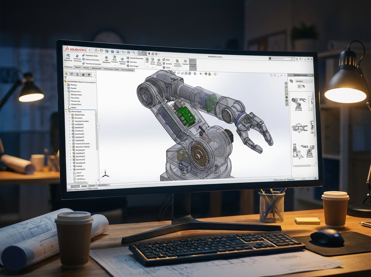 A detailed 3D CAD engineering model of a high-tech device displayed on a modern computer screen in a dim office environment, realistic lighting, professional engineering software interface. 4:3
