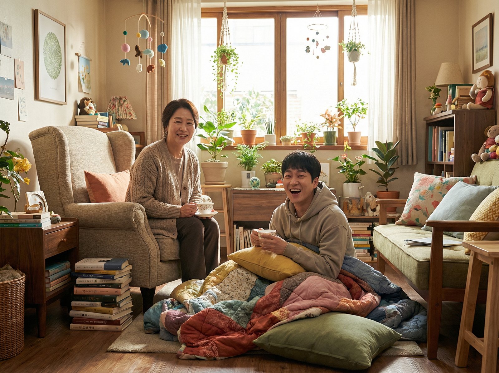 A therapist's office with a whimsical and slightly chaotic atmosphere. The therapist and a client are engaged in a session, but with an unusual, humorous twist. Bright, warm lighting. Korean people, natural expressions, 4:3 aspect ratio, no visible text.