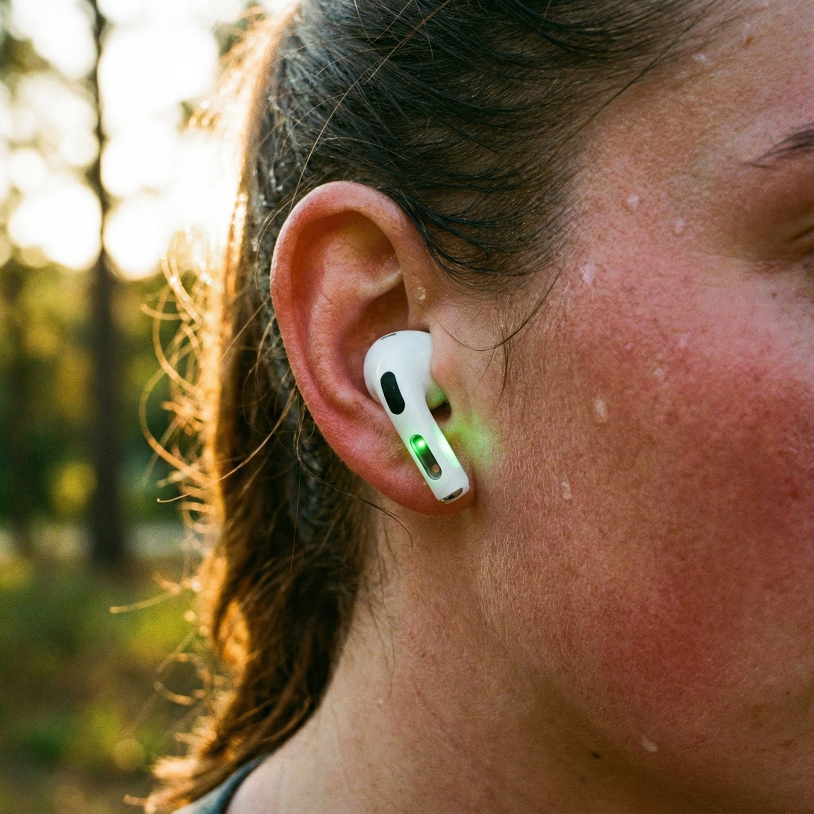 A close-up of a person's ear wearing the new AirPods Pro 3, highlighting the heart rate sensor. The person is exercising. Lifestyle photography, warm lighting, natural setting, 1:1 aspect ratio, no visible text.
