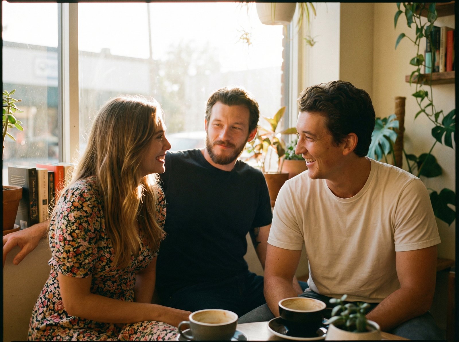 Elizabeth Olsen, Miles Teller, and Callum Turner in a romantic comedy setting, looking at each other, warm lighting, natural expressions, no visible text, 4:3 aspect ratio.