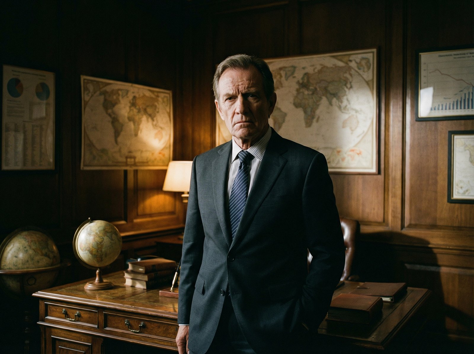 A professional and stern-looking mature man in a suit, appearing as a high-ranking official, standing in a dimly lit office with maps on the wall, dramatic shadows, cinematic photography, 4:3 aspect ratio, no text.
