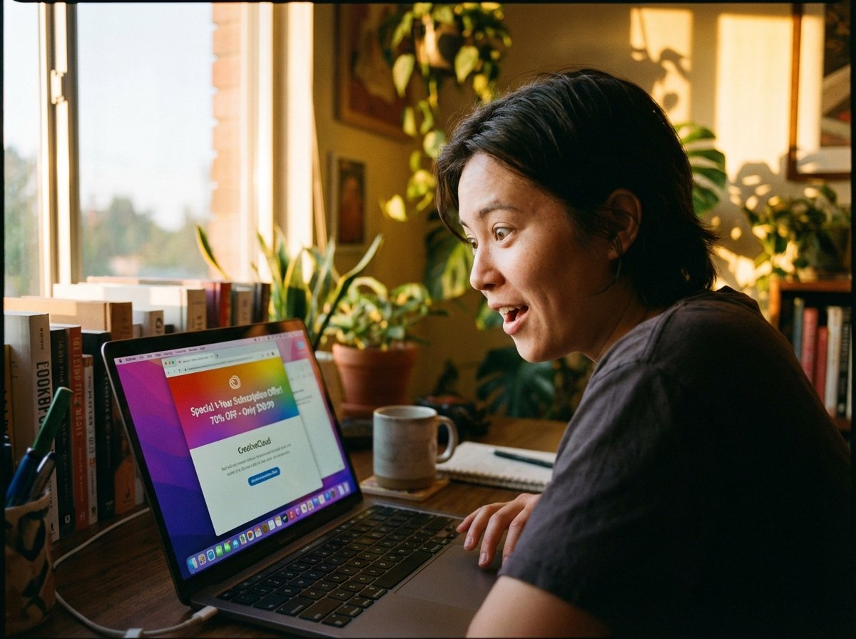 A person looking at a MacBook screen with a look of pleasant surprise. The screen shows a subscription offer notification. Warm indoor lighting, cozy home office environment. 4:3