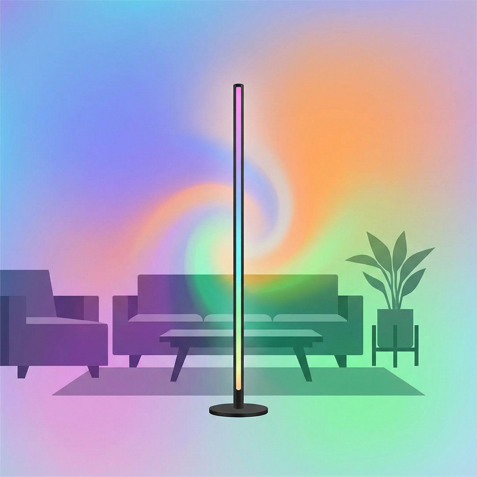 A sleek Govee Floor Lamp 3 illuminating a modern living room with a vibrant, dynamic color blend. The light creates diverse atmospheres, clean infographic style, 1:1 aspect ratio, no visible text, colored gradient background, bright balanced lighting, centered focus.