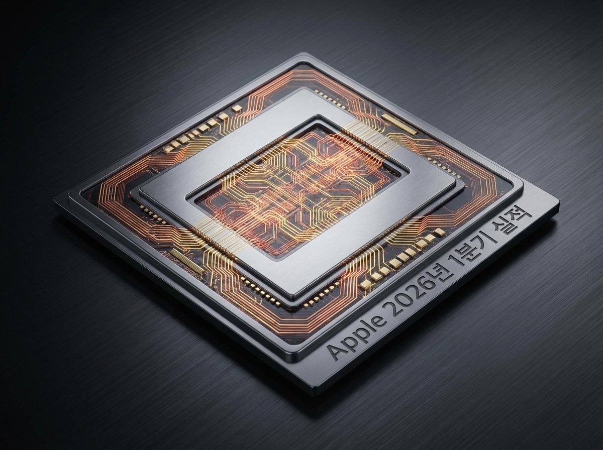 Macro shot of an advanced 3nm semiconductor processor chip glowing circuits dark background metallic texture professional studio lighting Apple 2026년 1분기 실적 4:3