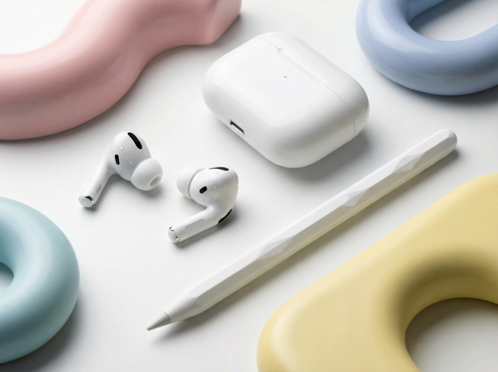 Close up shot of AirPods 4 with ANC and Apple Pencil Pro arranged neatly on a clean white surface with soft pastel accents. Professional product photography style. High contrast. 4:3 aspect ratio. No text.