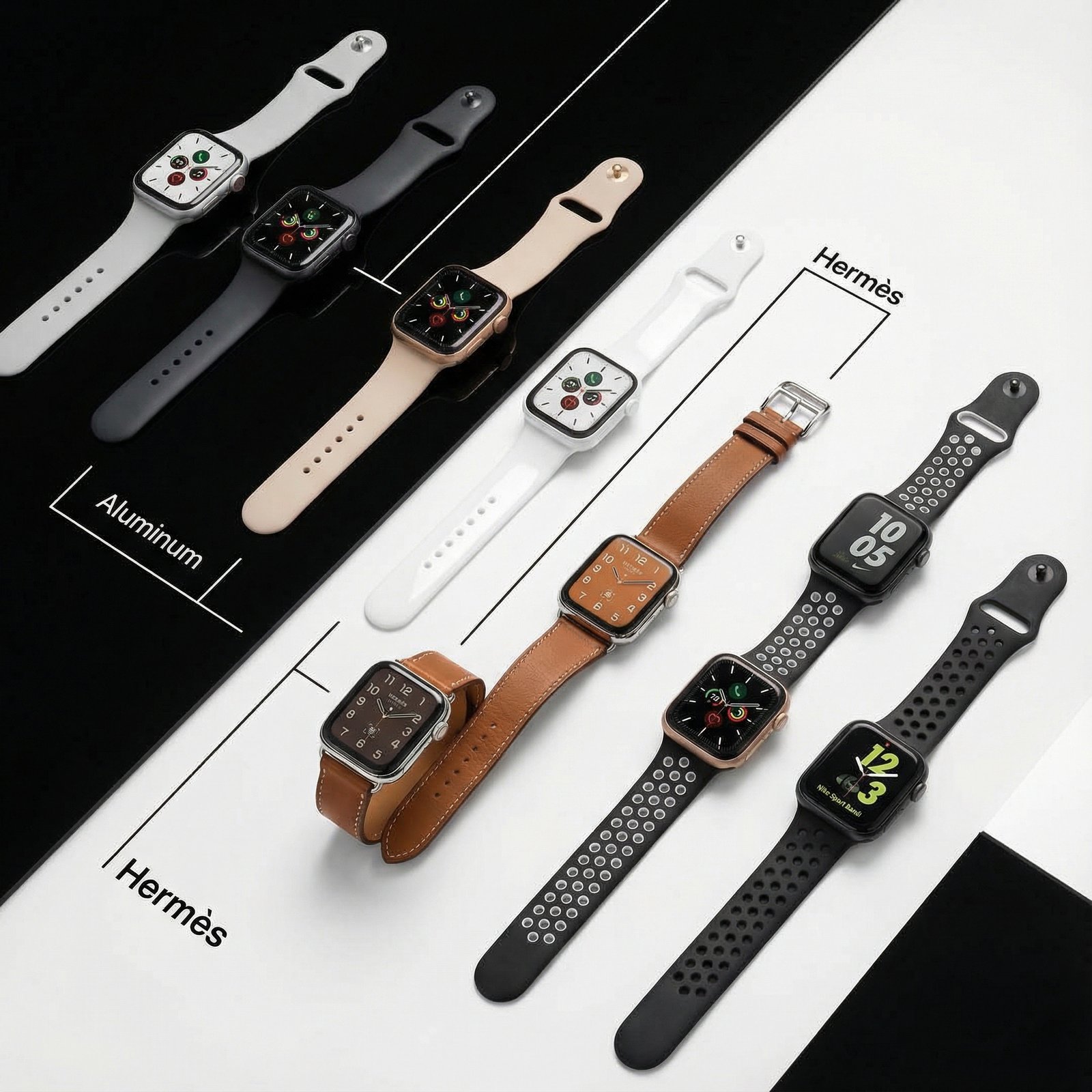 A collection of Apple Watch Series 5 models, including aluminum, ceramic, Hermes, and Nike editions, neatly arranged on a high-contrast, modern display surface. Informational style, clean infographic look, modern layout. 1:1 aspect ratio, no visible text.