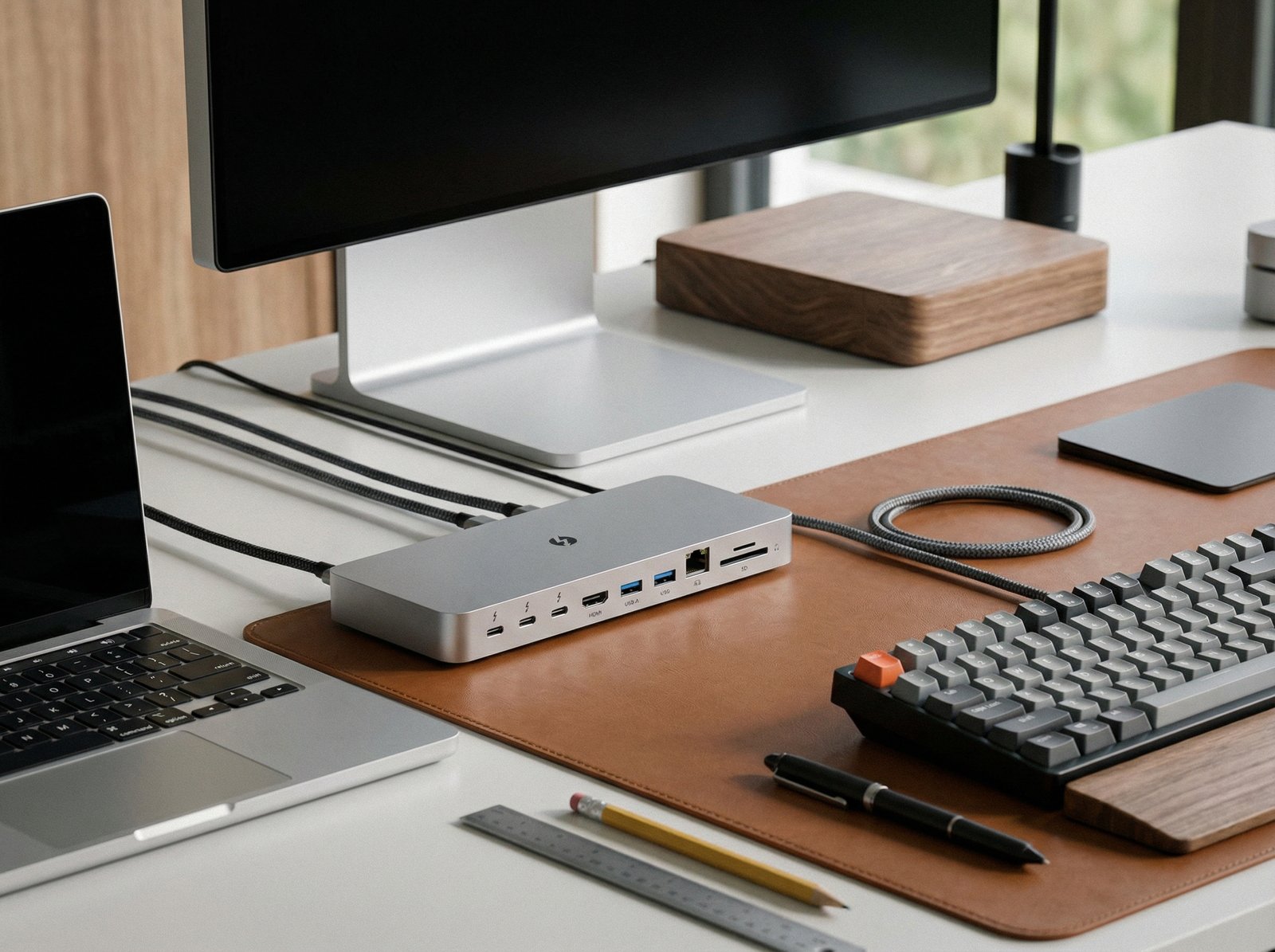Professional photography of a sleek silver Thunderbolt 5 docking station next to a MacBook, multiple ports visible, organized workspace, high-end tech vibe, realistic textures, 4:3 aspect ratio, no text.