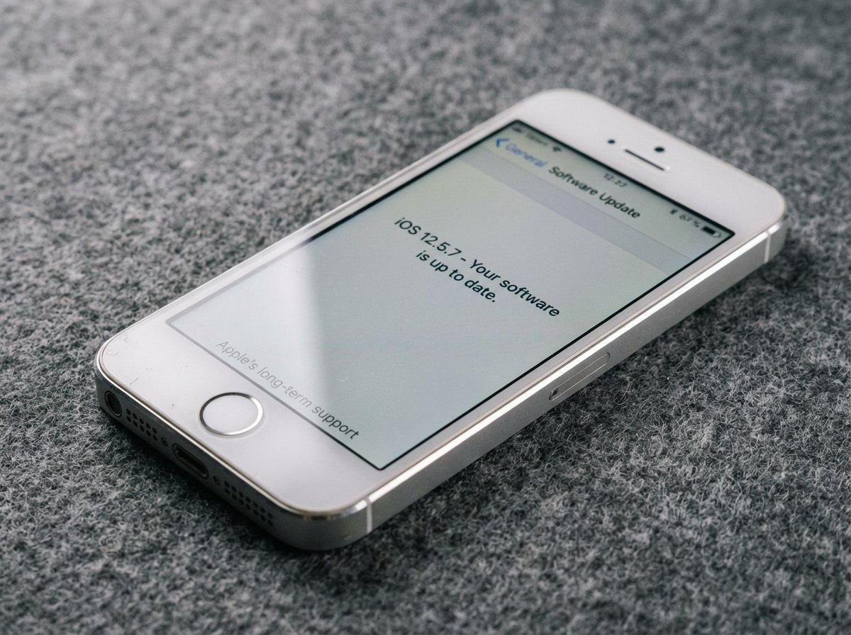 Close-up of a classic silver iPhone 5s on a gray textured background, soft studio lighting, showcasing Apple's long-term software support, 4:3