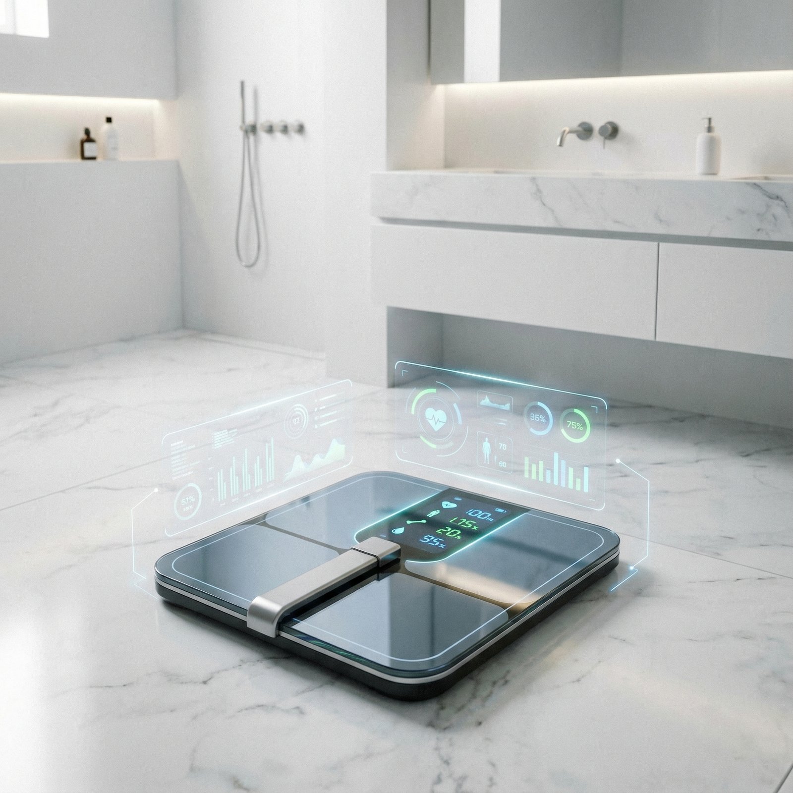 A high-tech smart scale with a retractable handle placed in a modern white bathroom. The scale has a sleek glass surface with digital display glowing. Clean infographic style elements around it suggesting health metrics like heart rate and body mass. Professional photography, 1:1 aspect ratio, no text.