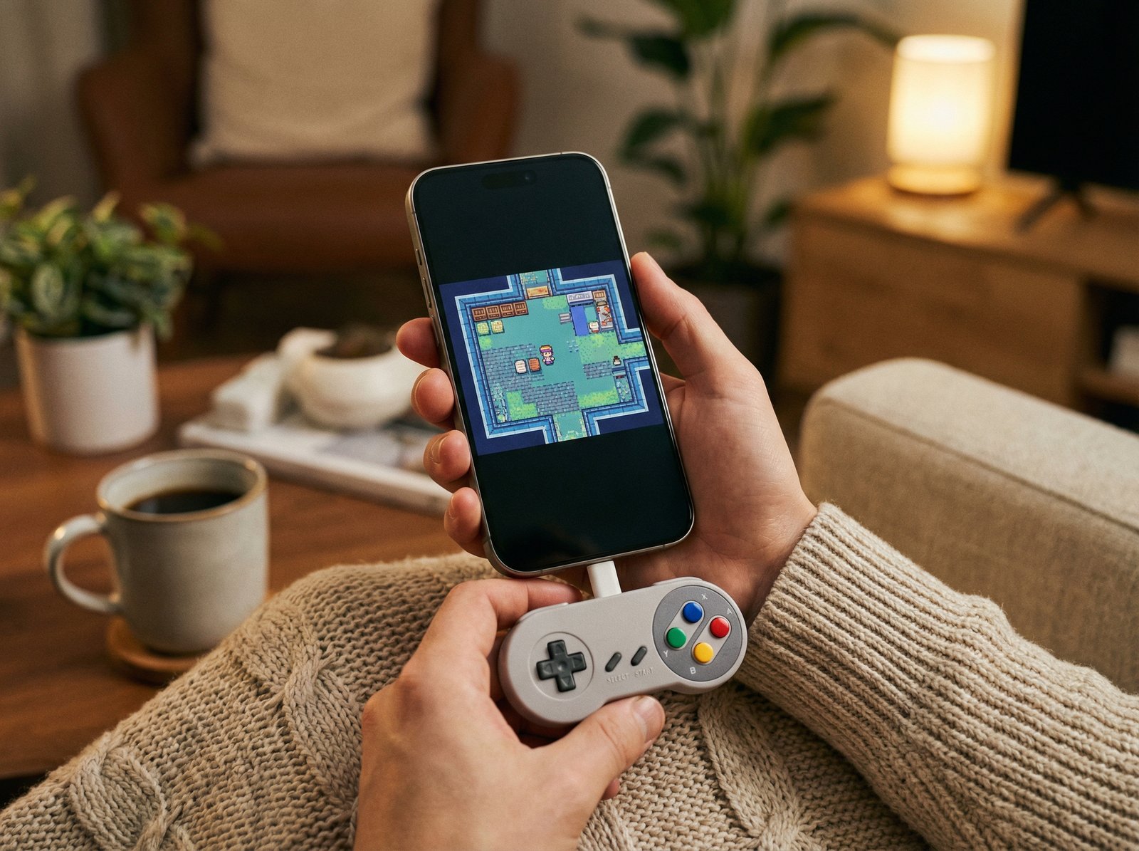 A high-quality lifestyle photo of a modern iPhone with a small, gray retro-style gamepad attached to the bottom USB-C port. The gamepad has a classic D-pad and colorful ABXY buttons, mimicking a Game Boy aesthetics. The device is held in portrait orientation. Soft indoor lighting, 4:3 aspect ratio, no text.