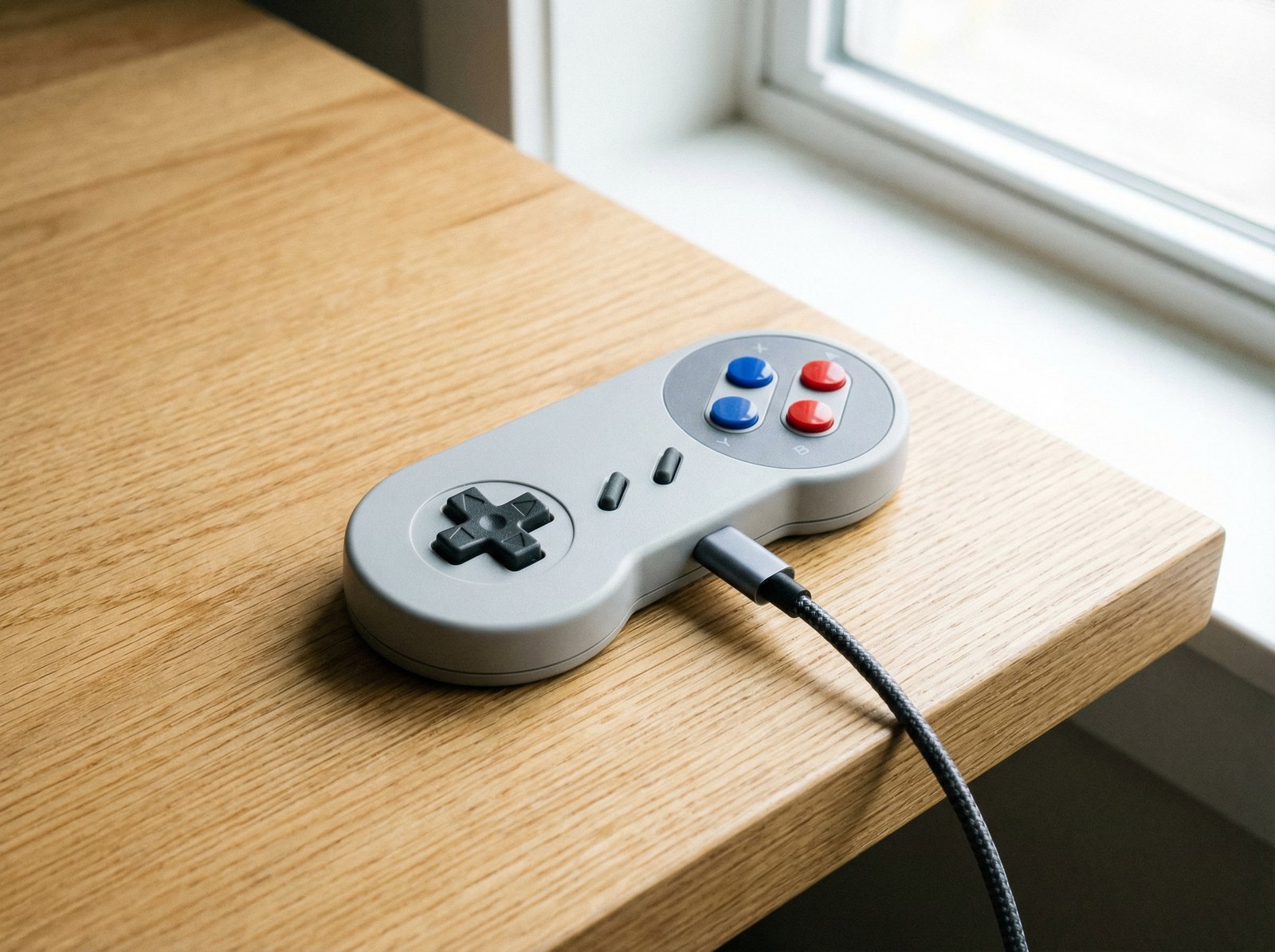A clean product photography shot of a compact USB-C gamepad accessory on a wooden desk. The controller features a classic grey finish, a black directional pad, and red and blue face buttons. The design is sleek and minimalist. Bright natural light, 4:3 aspect ratio, no text.