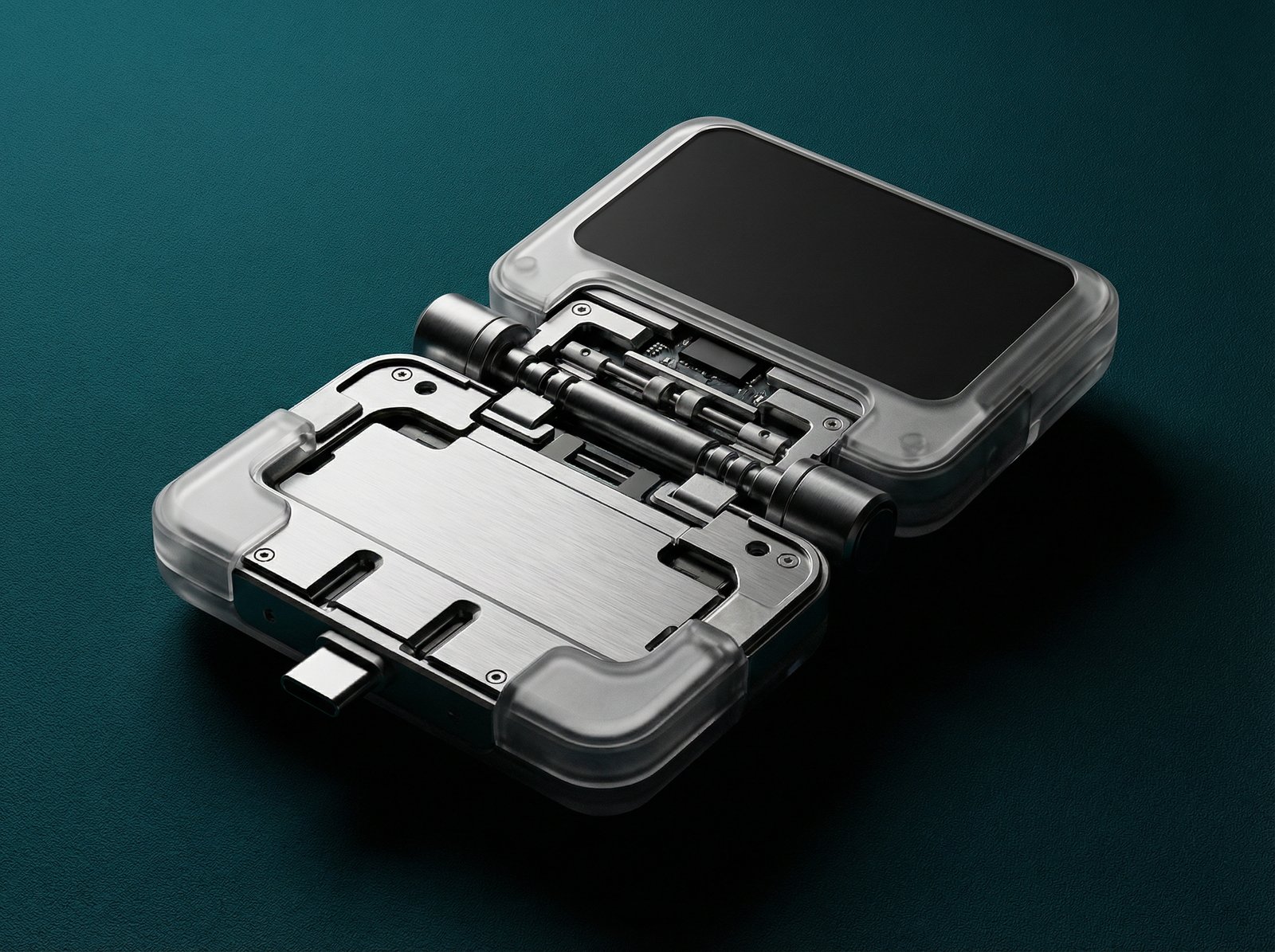 An artistic 3D rendering of a small flip-style game controller for smartphones. Showing the hinge mechanism and the USB-C connector. High contrast, modern technology layout, dark teal background, 4:3 aspect ratio, no text.