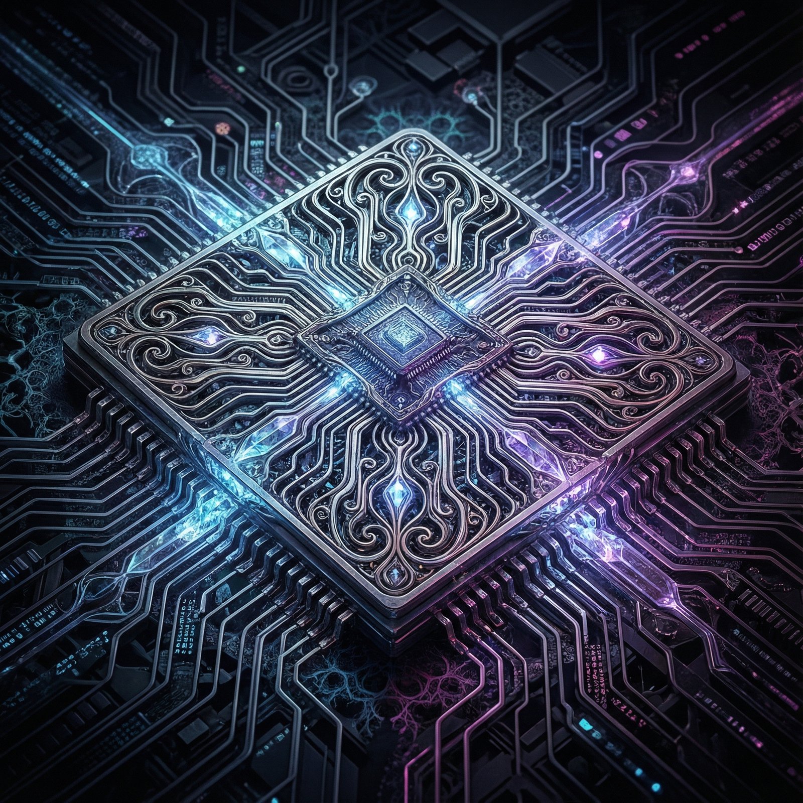 A detailed, stylized rendering of a microchip with intricate circuitry, glowing with subtle blue and purple light, on a dark, high-tech background. Aspect ratio 1:1, no visible text.