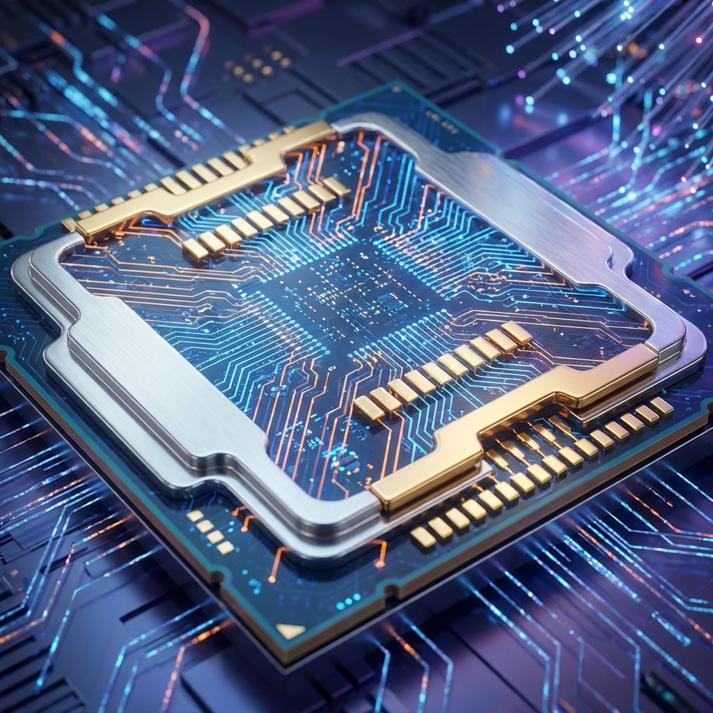 Extreme close-up of a sleek processor chip conceptually representing high performance, glowing circuits, gold and silver highlights, technological background, aspect ratio 1:1, no text
