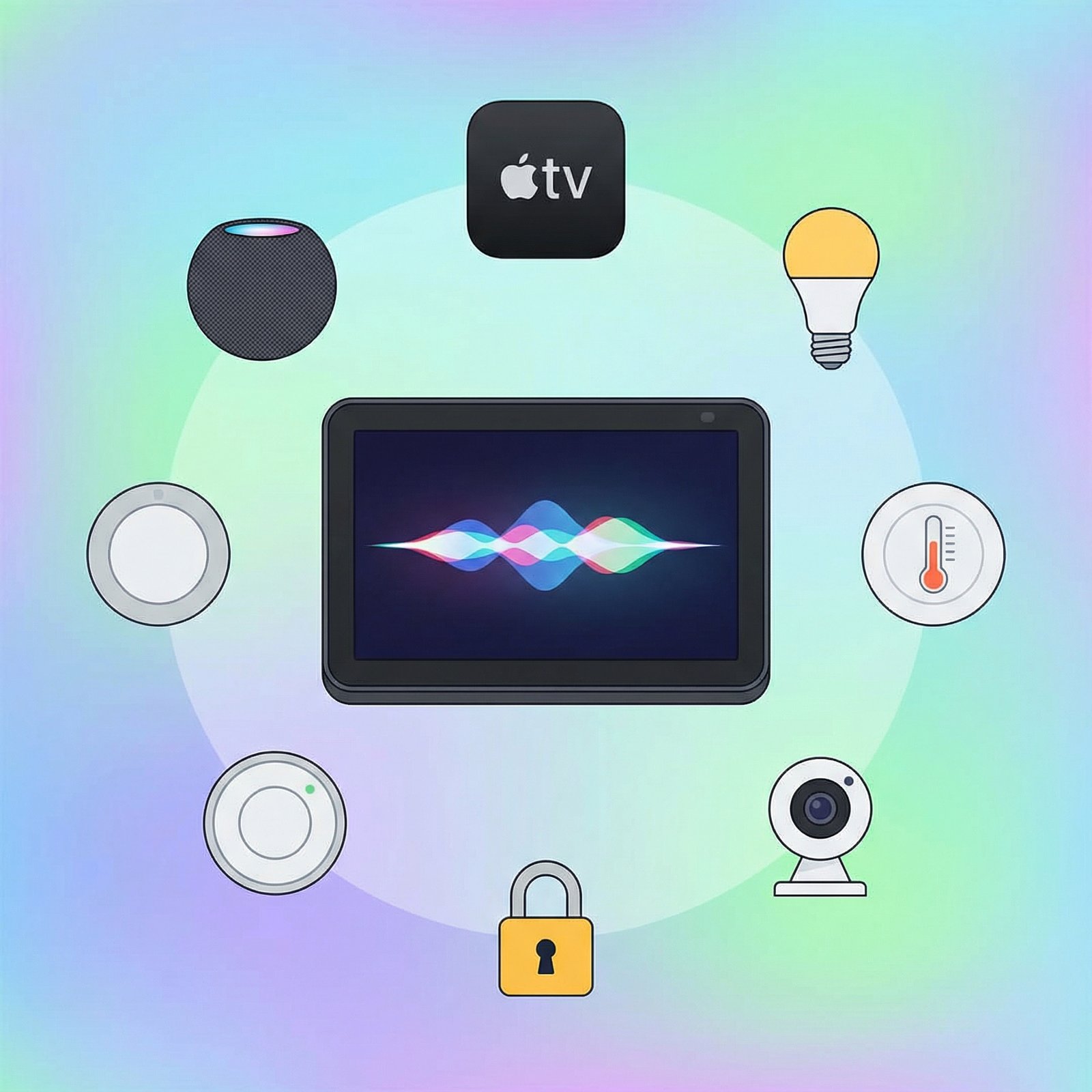 A minimalist illustration of a smart home hub device with a 7-inch display, showing a stylized, animated Siri icon. Around it, other smart home icons like a HomePod mini and Apple TV. High-tech, clean infographic style, with a soft gradient background. Aspect ratio 1:1, no visible text, no Korean text.