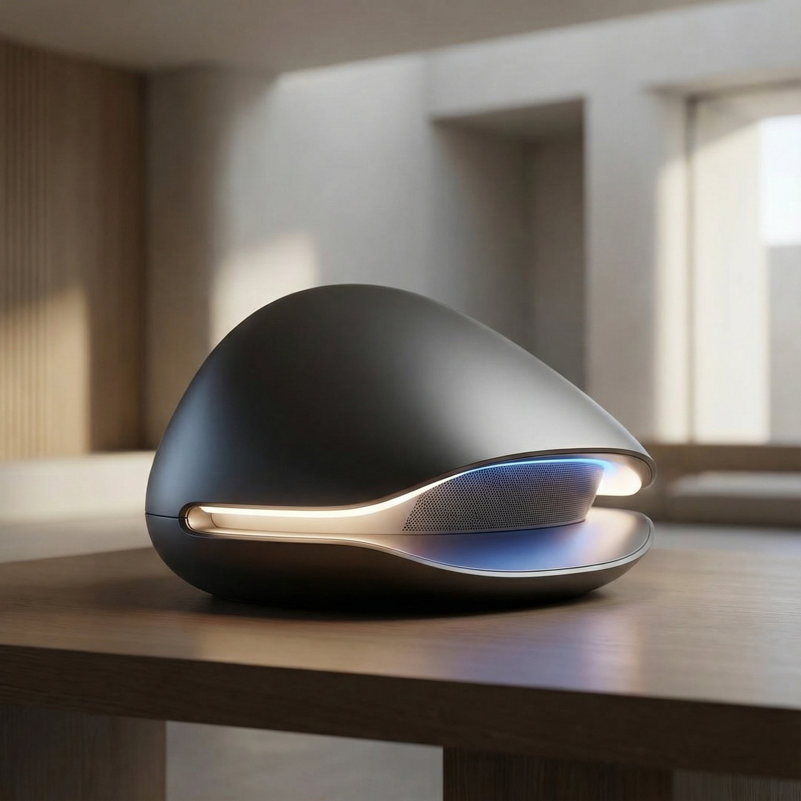 A sleek, minimalist, futuristic audio-focused AI device, no screen, smooth metallic texture, ambient glow, soft lighting, 1:1 aspect ratio, no visible text.