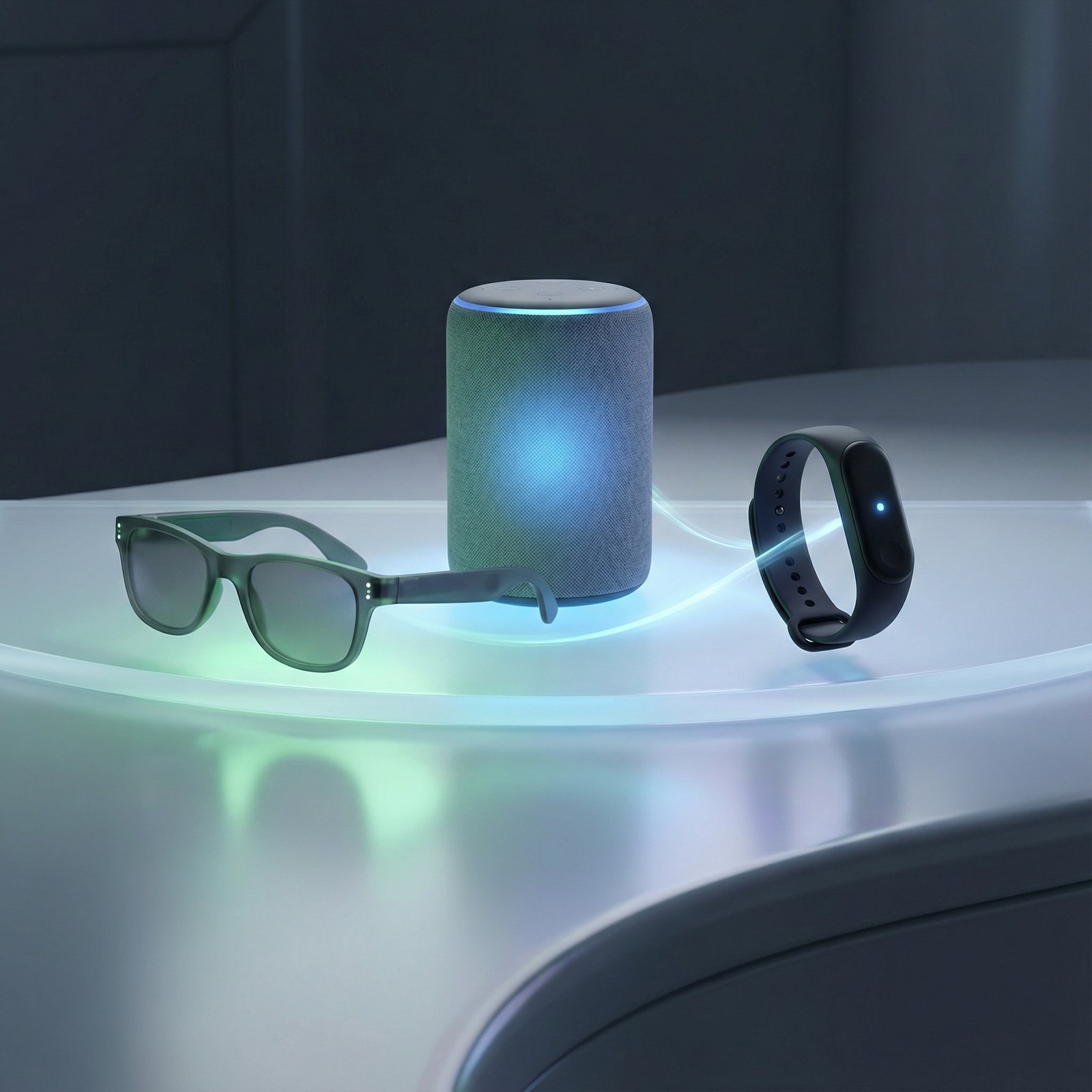 A conceptual image of an interconnected ecosystem of audio-focused AI devices, including sleek glasses, a minimalist smart speaker, and a subtle wearable, all radiating soft light, modern design, 1:1 aspect ratio, no visible text.