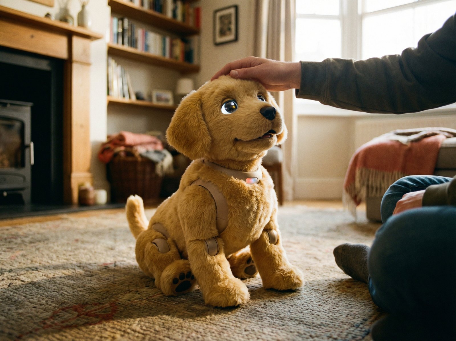 A lifelike robotic puppy with soft fur and expressive eyes sitting on a living room rug. A person's hand is gently petting it. The robot looks interactive and friendly. Realistic lighting, warm domestic atmosphere, 4:3 aspect ratio, no text.