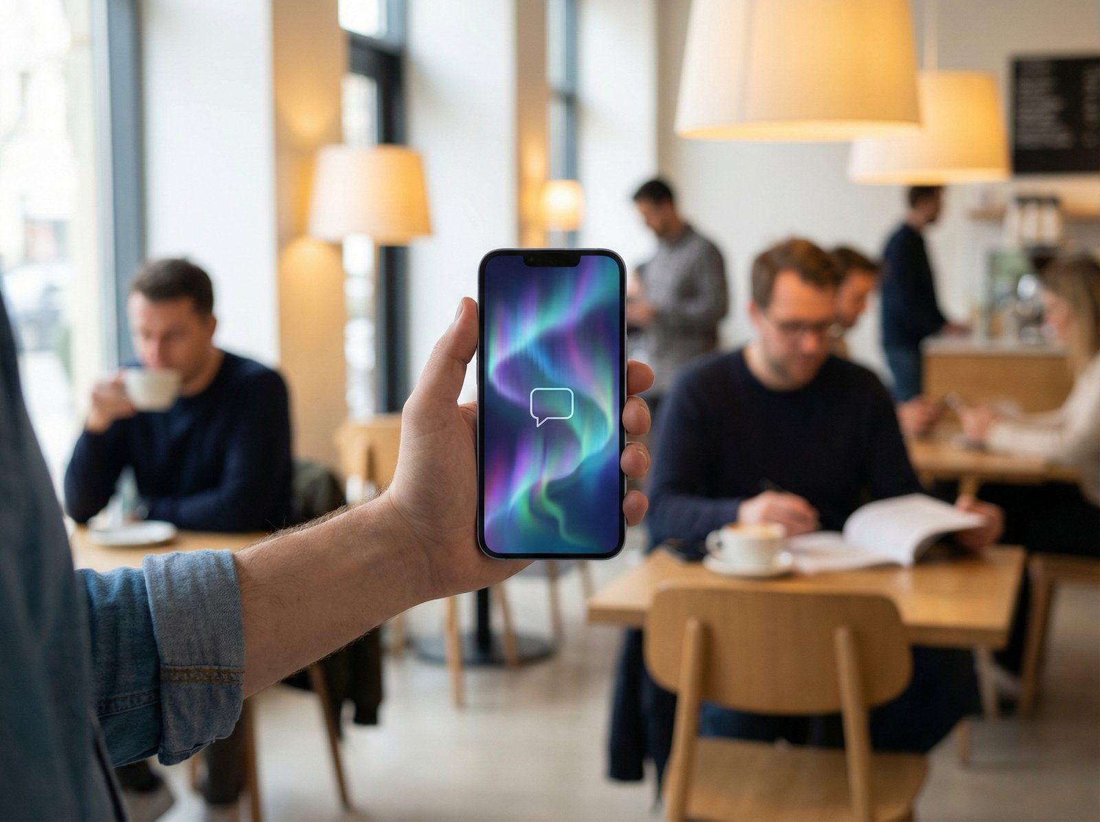 A person holding an iPhone showing a sophisticated AI chat interface with colorful wave patterns, natural lifestyle setting in a modern cafe, warm lighting, 4:3 aspect ratio, no text