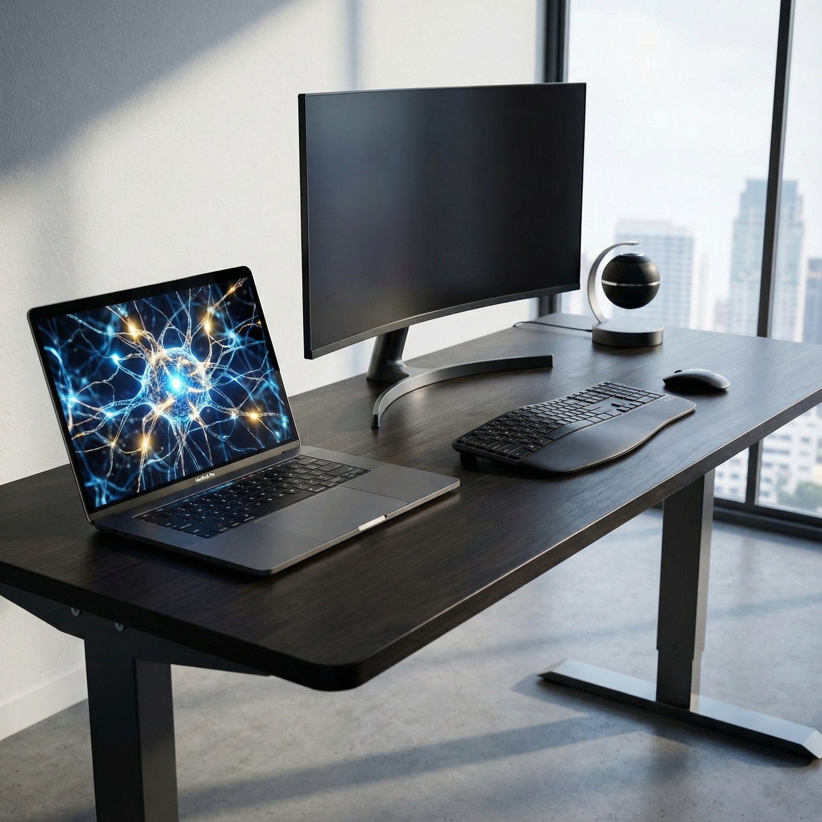 A modern high-tech office desk with a MacBook Pro showing a glowing neural network visualization on its screen, representing on-device AI processing, sleek workspace, soft natural lighting, high contrast, 1:1, no text
