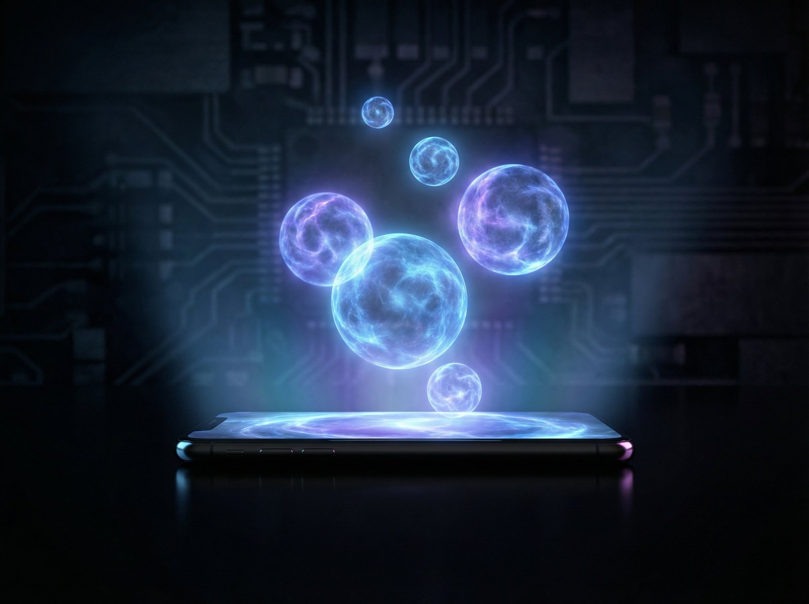 Abstract glowing blue and purple energy spheres emanating from a smartphone screen, representing advanced artificial intelligence, dark background, cinematic lighting, high contrast, 4:3 aspect ratio, no visible text