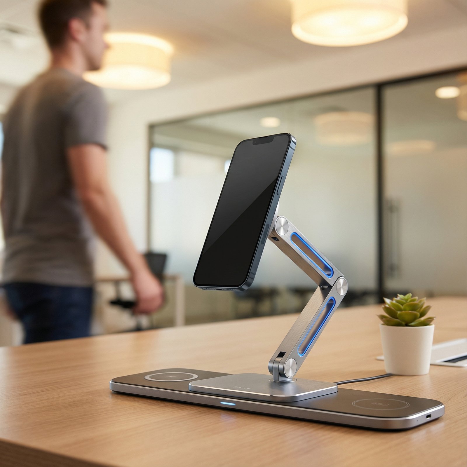 A sleek smartphone mounted on a robotic MagSafe stand on a modern wooden desk, the stand is tilting to track a person, soft office lighting, high-tech aesthetic, 1:1 aspect ratio, no text