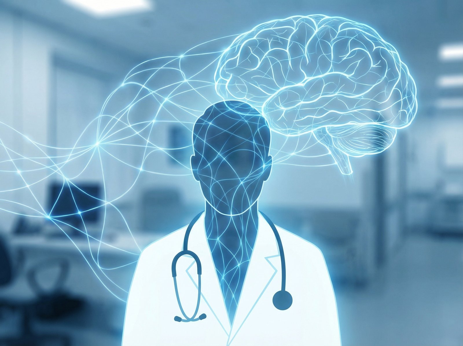 A symbolic digital art showing a doctor's silhouette integrated with glowing neural network lines, representing AI medical guidance. Calm blue and white tones, professional and trustworthy atmosphere, 4:3 aspect ratio, no text.