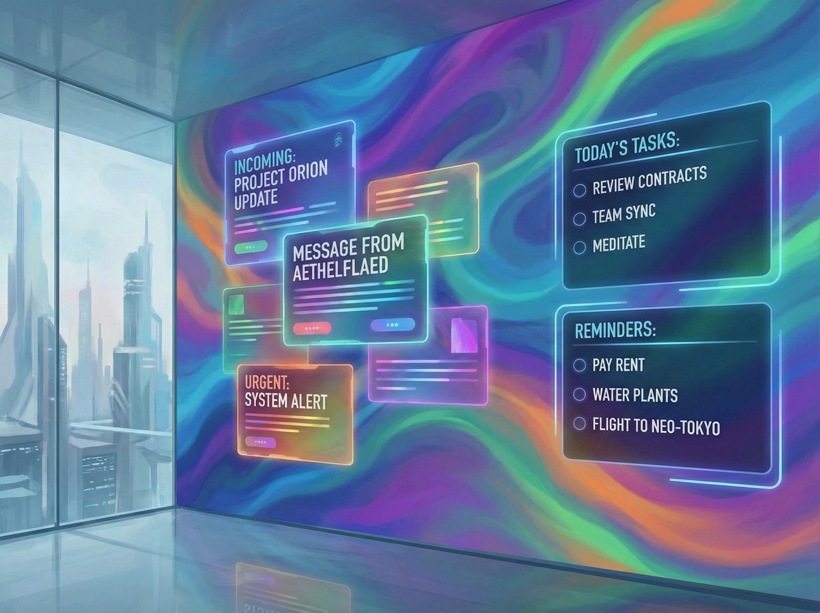 Conceptual art of a futuristic digital inbox interface with floating information cards, colorful gradient background, organized task lists and reminders, sleek high-tech design, 4:3