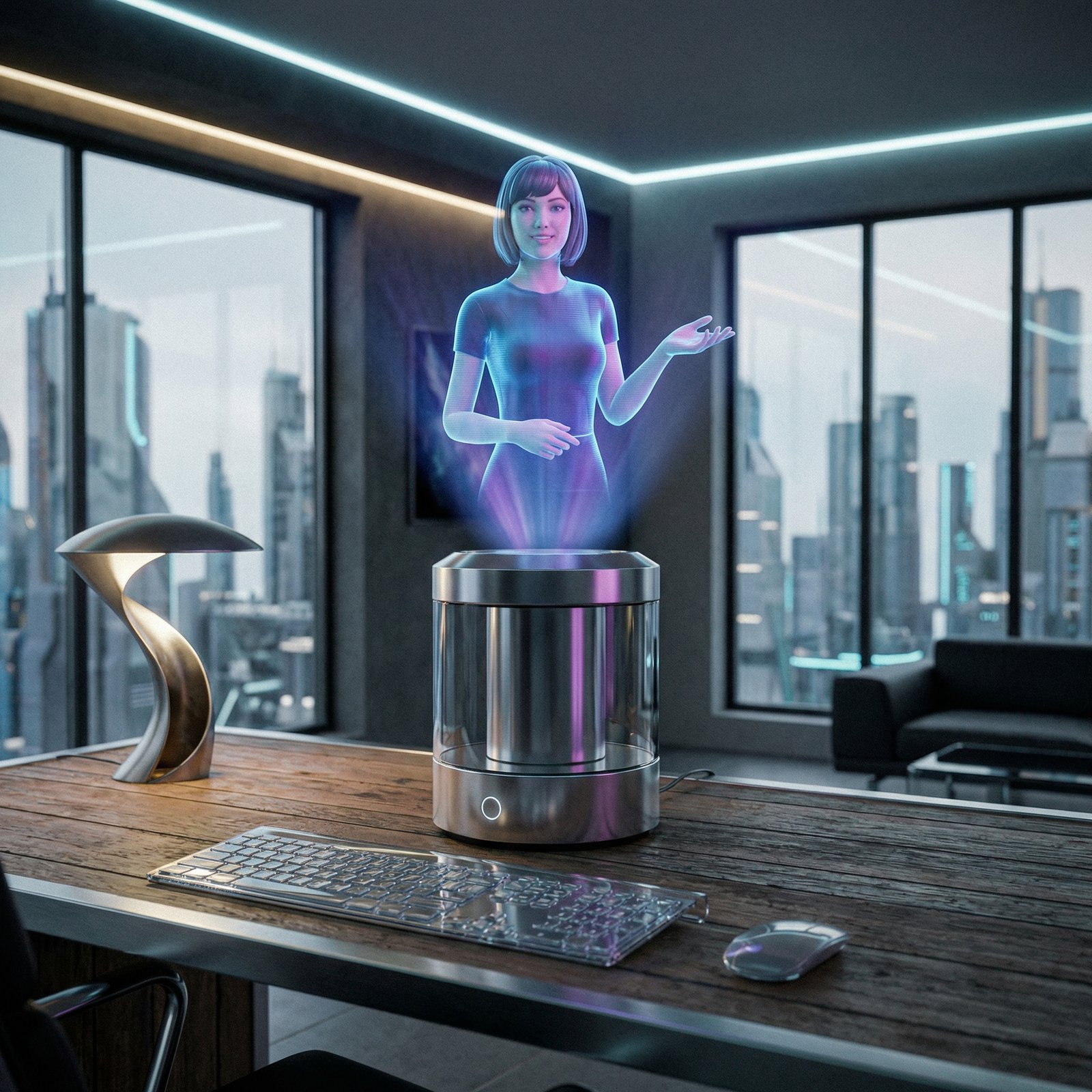 A sleek desktop hologram device displaying a personal AI assistant on a modern office desk, futuristic lighting, 1:1