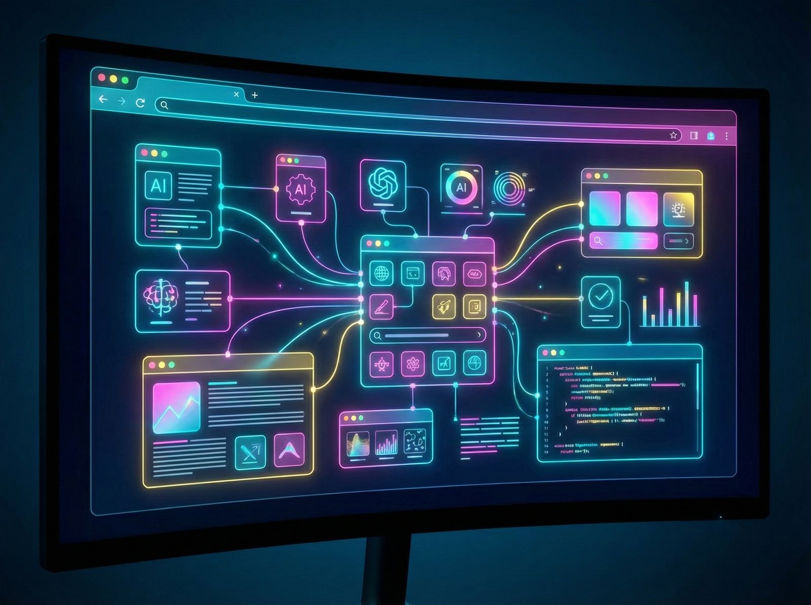 A futuristic digital browser interface showing AI assisted workflows and generative tools integrated into the layout, clean and vibrant colors, high contrast, modern software design, 4:3 aspect ratio, no text