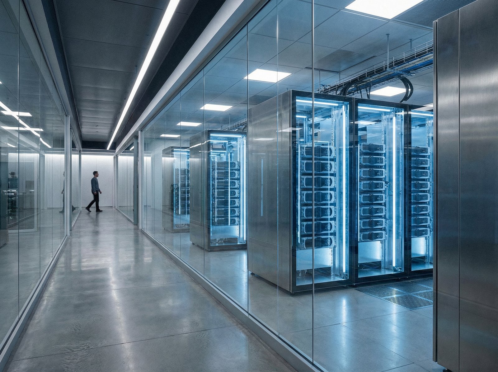 A high-tech server room with advanced GPU clusters glowing in soft blue light, modern architectural lines, professional and futuristic environment, clean layout, 4:3 aspect ratio, no text.