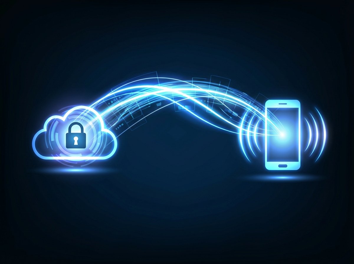 A clean informational infographic style image showing a secure cloud server connecting to a smartphone with glowing blue and white light patterns. High contrast professional 4:3 aspect ratio no visible text.