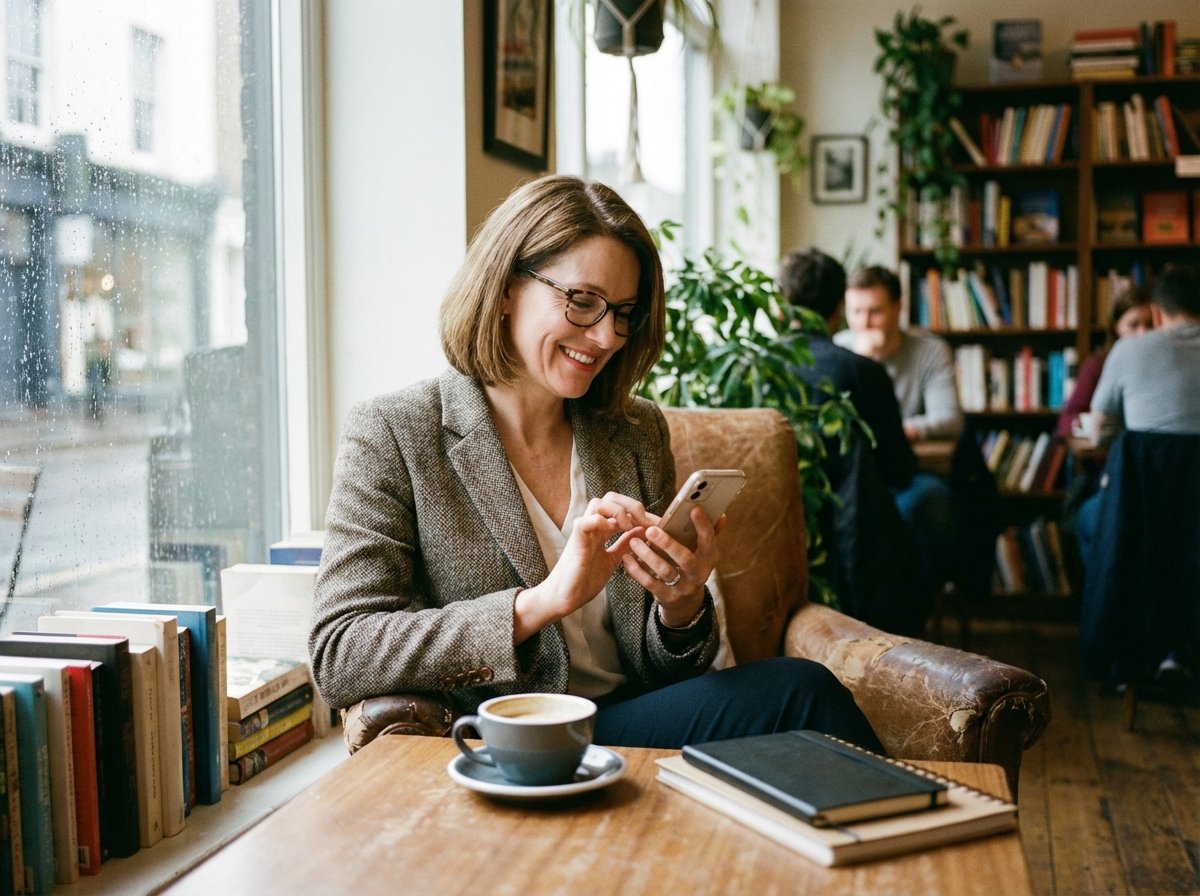 A professional person sitting in a cozy cafe using their iPhone to interact with AI assistant. Soft natural light through a window, realistic photography style, 4:3 aspect ratio, no visible text.